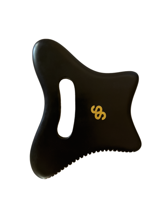 Sancta Solis Bian Stone Body Gua Sha Tool_Used for self massage and body sculpting. Bian is an ancient detoxifying and healing stone used in Traditional Chinese Medicine to encourage blood circulation, stimulate lymphatic drainage, reduce muscle tension, release fascia and promote relaxation. Tutorial on how to Gua Sha the body.